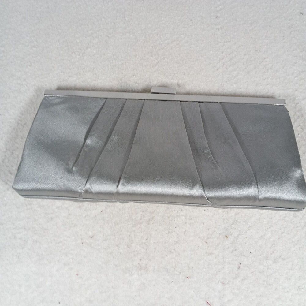 Kate Landry Silver Satin Pleated Evening Clutch Bag Kiss Lock Purse